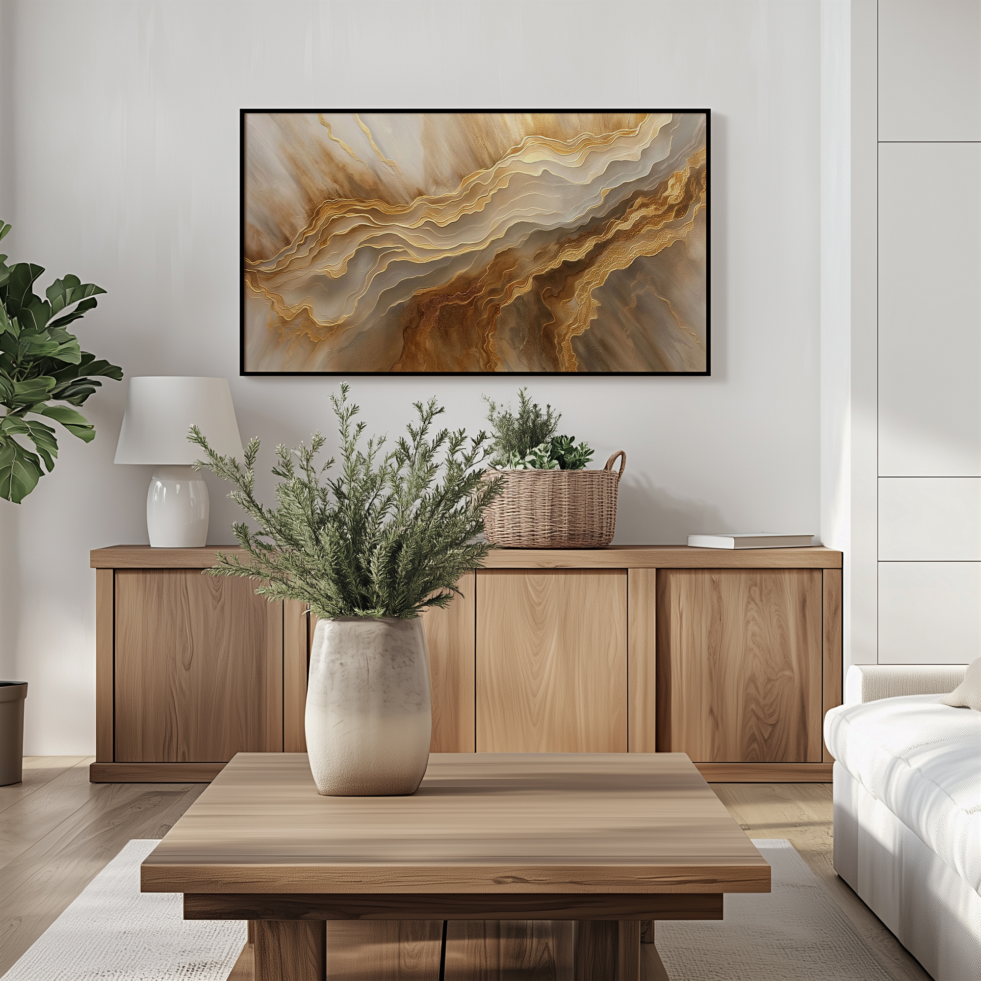 Gold abstract Frame TV art — modern minimal painting style in a warm wood living room with sideboard