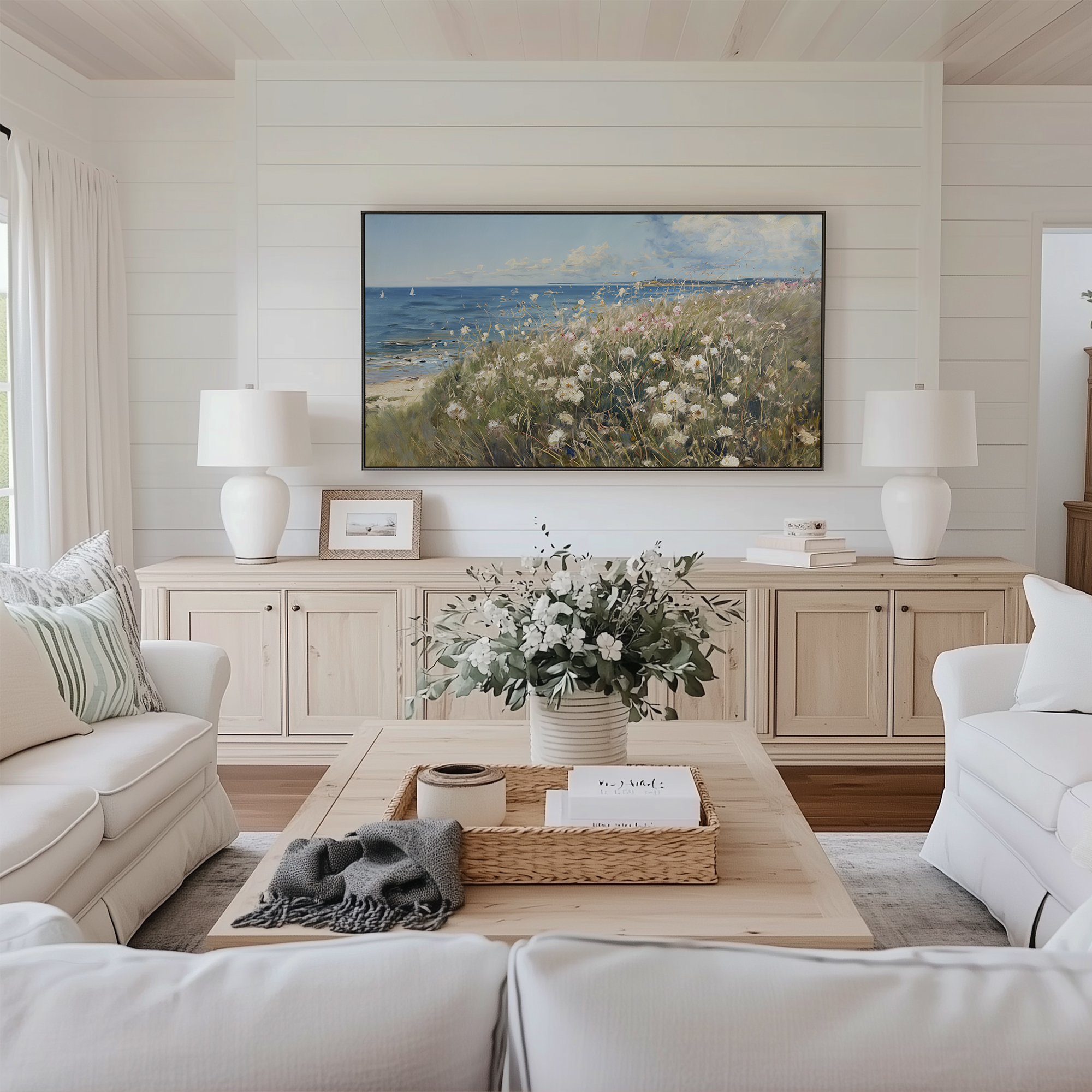Coastal wildflower Frame TV art — oil painting style in a white shiplap beach house living room