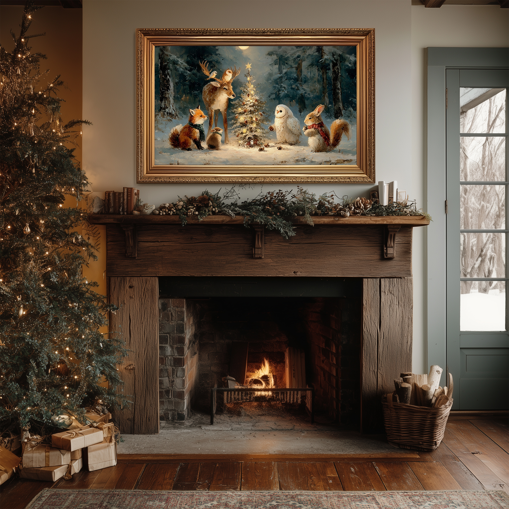 Cozy winter holiday Frame TV art — woodland animals around a Christmas tree in a festive living room with fireplace