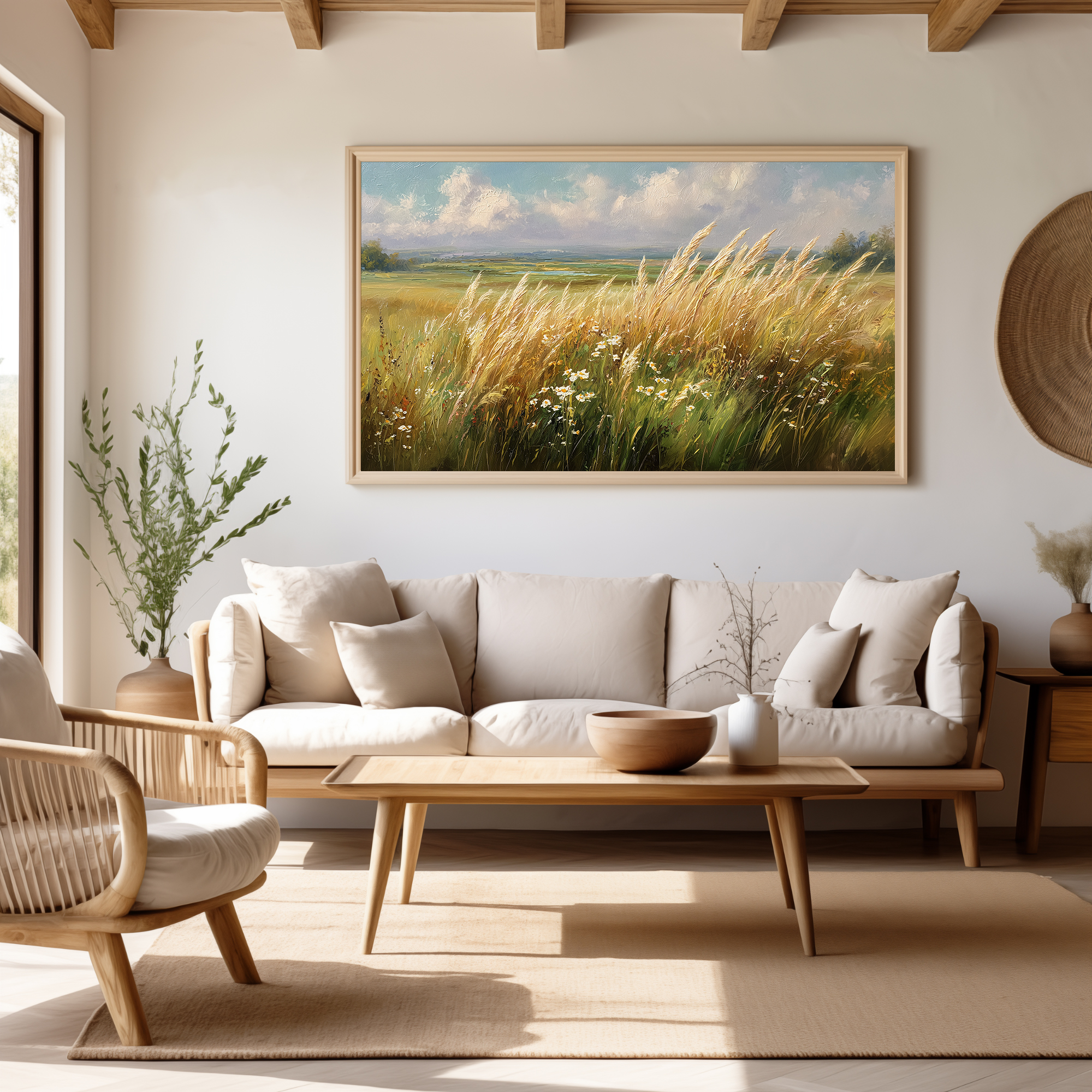 Impressionist warm landscape Frame TV art — golden meadow oil painting style in a bright Scandi living room