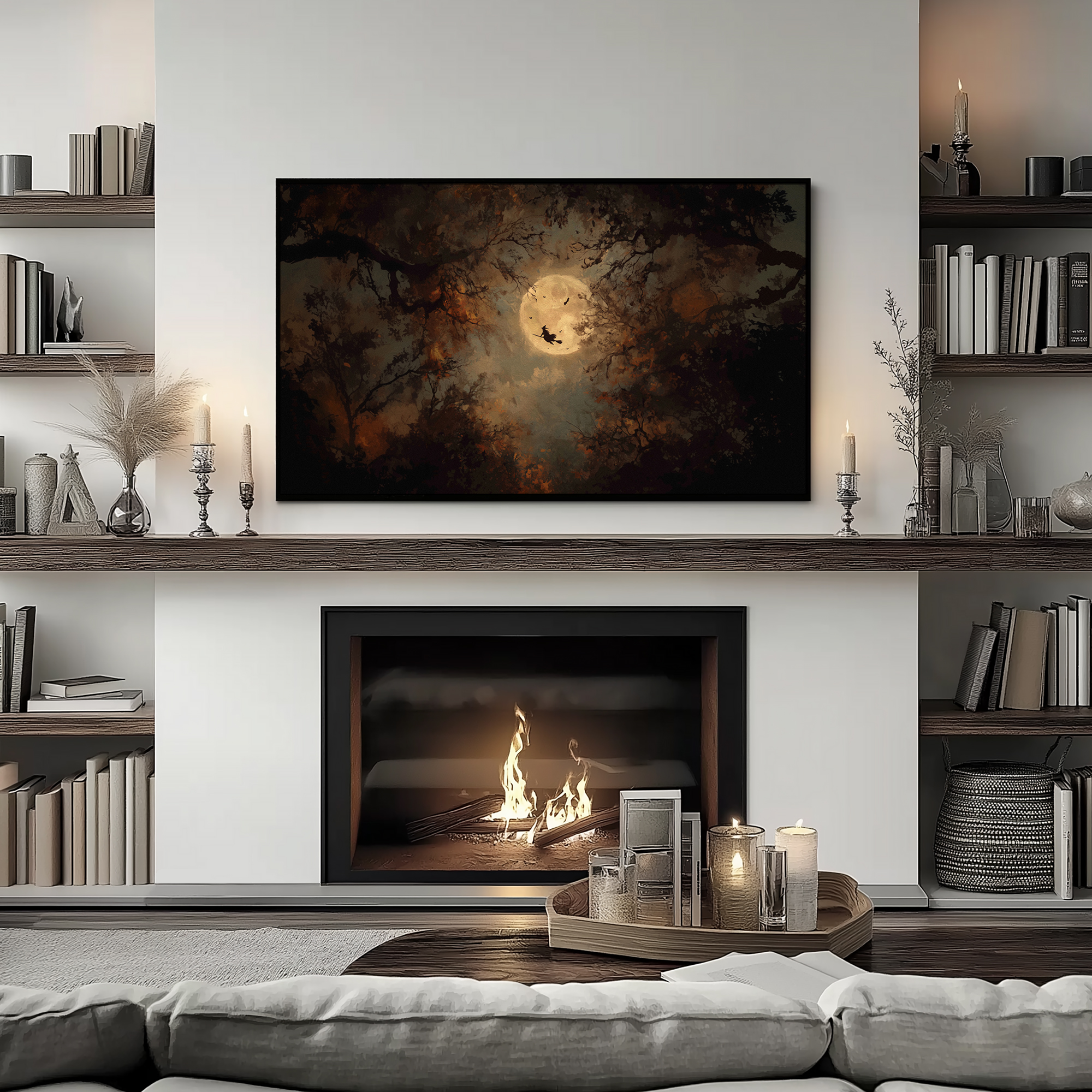 Moody gothic Frame TV art — witch and full moon oil painting style in a cozy living room with fireplace