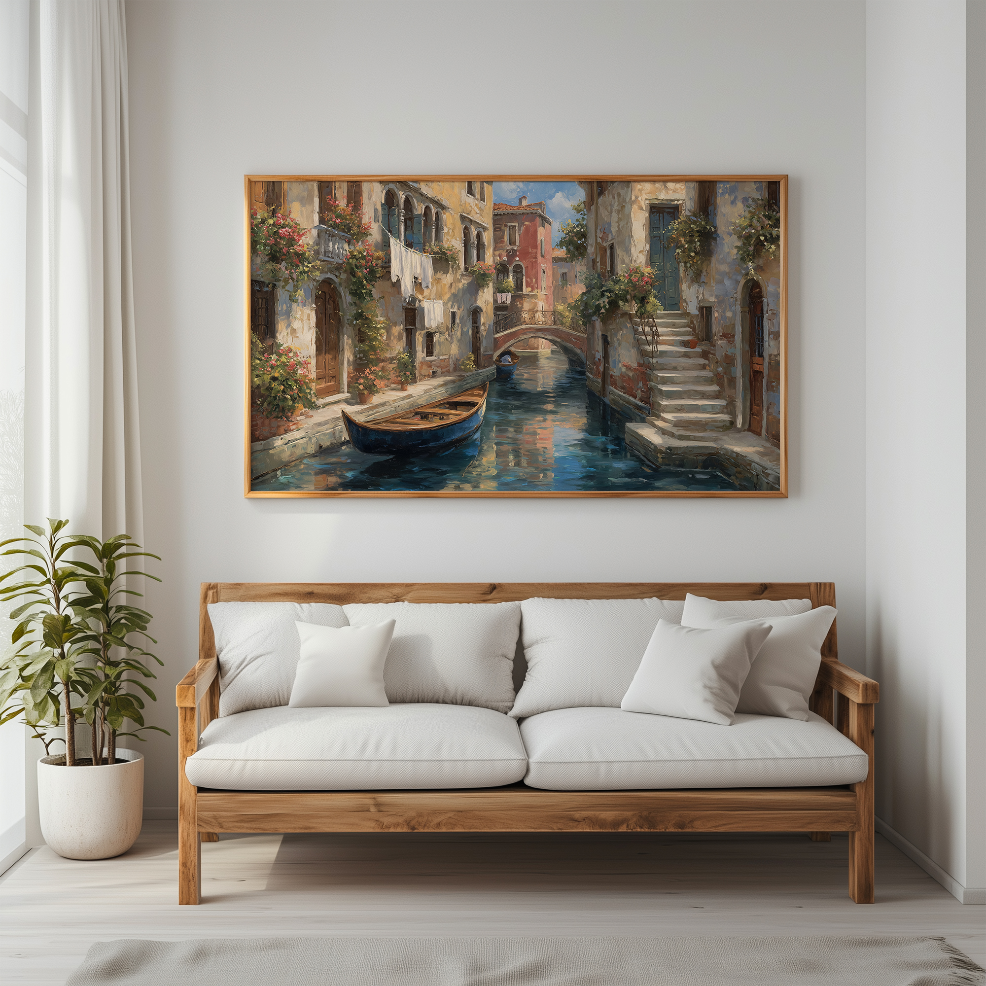 Venetian canal Frame TV art — oil painting style in a minimal white living room with wood sofa